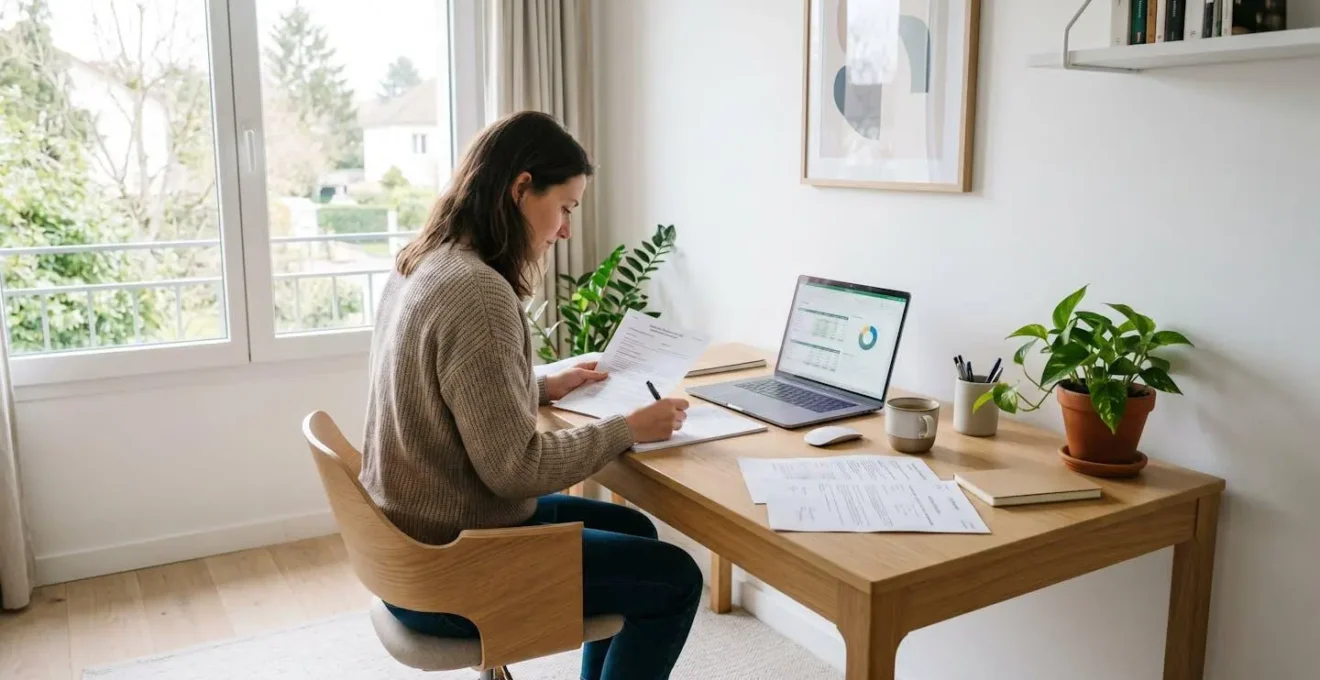 Vue en plongée d'un bureau moderne avec documents budgétaires, calculatrice et ordinateur portable affichant un tableur financier