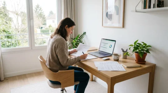 Vue en plongée d'un bureau moderne avec documents budgétaires, calculatrice et ordinateur portable affichant un tableur financier