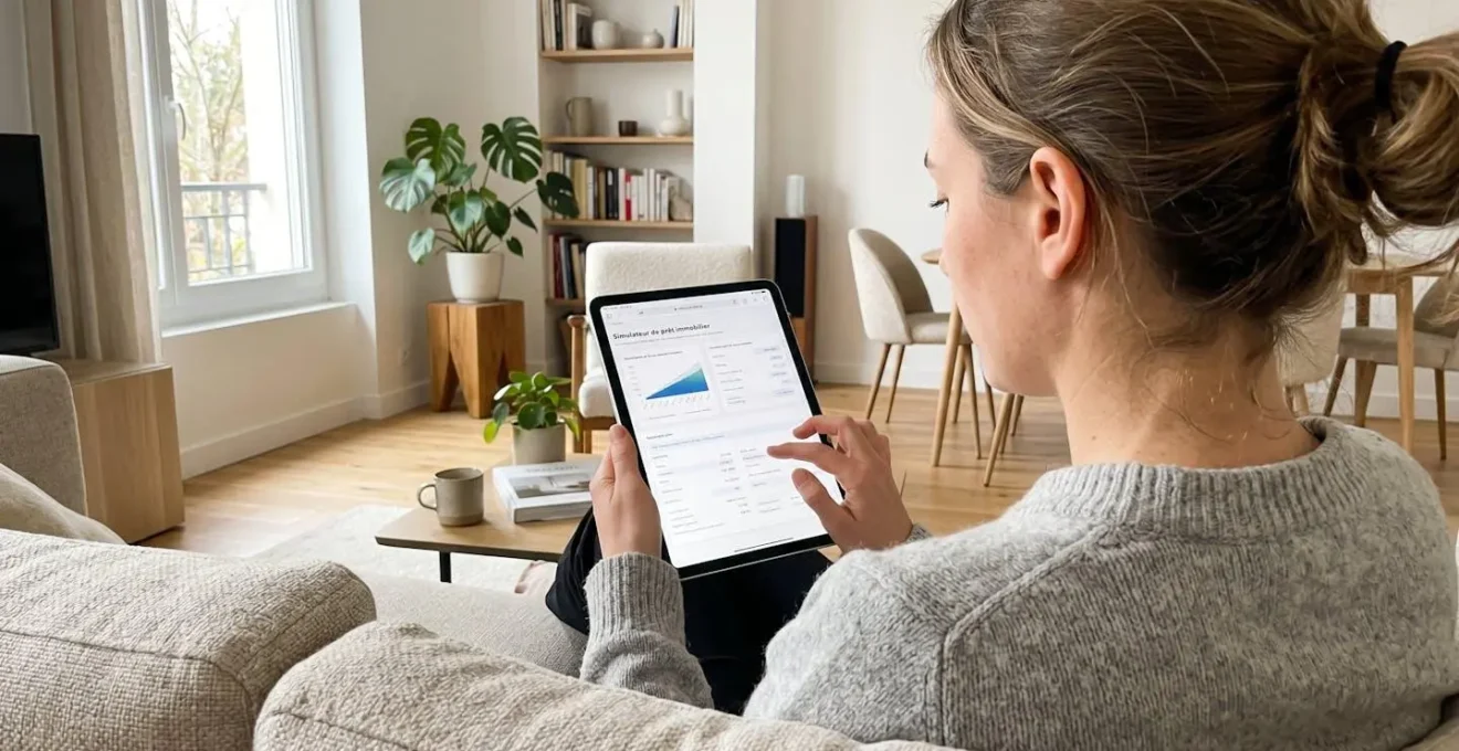 Vue par-dessus l'épaule d'une personne consultant une simulation de prêt immobilier sur une tablette dans un salon contemporain lumineux